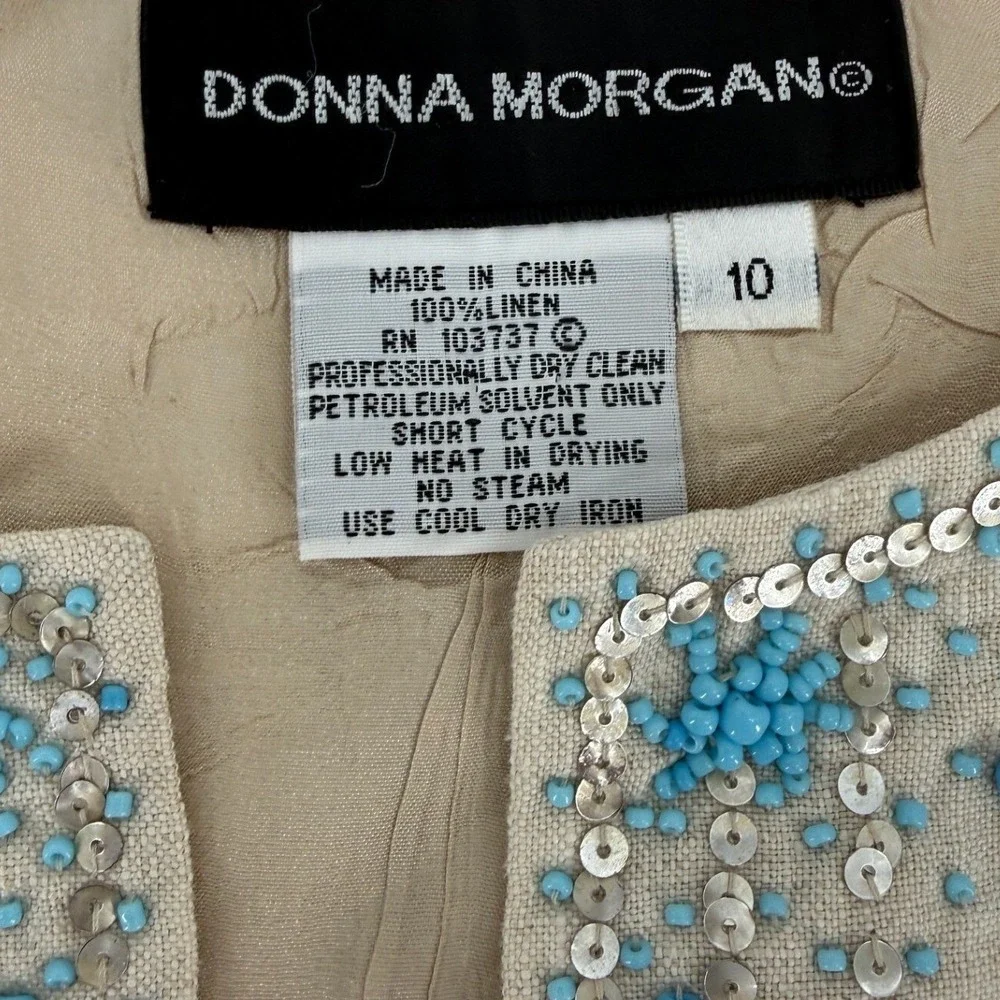 Donna Morgan Linen Beaded Sequin Cropped‎ Jacket  Turquoise Retro Chic Artisanal
